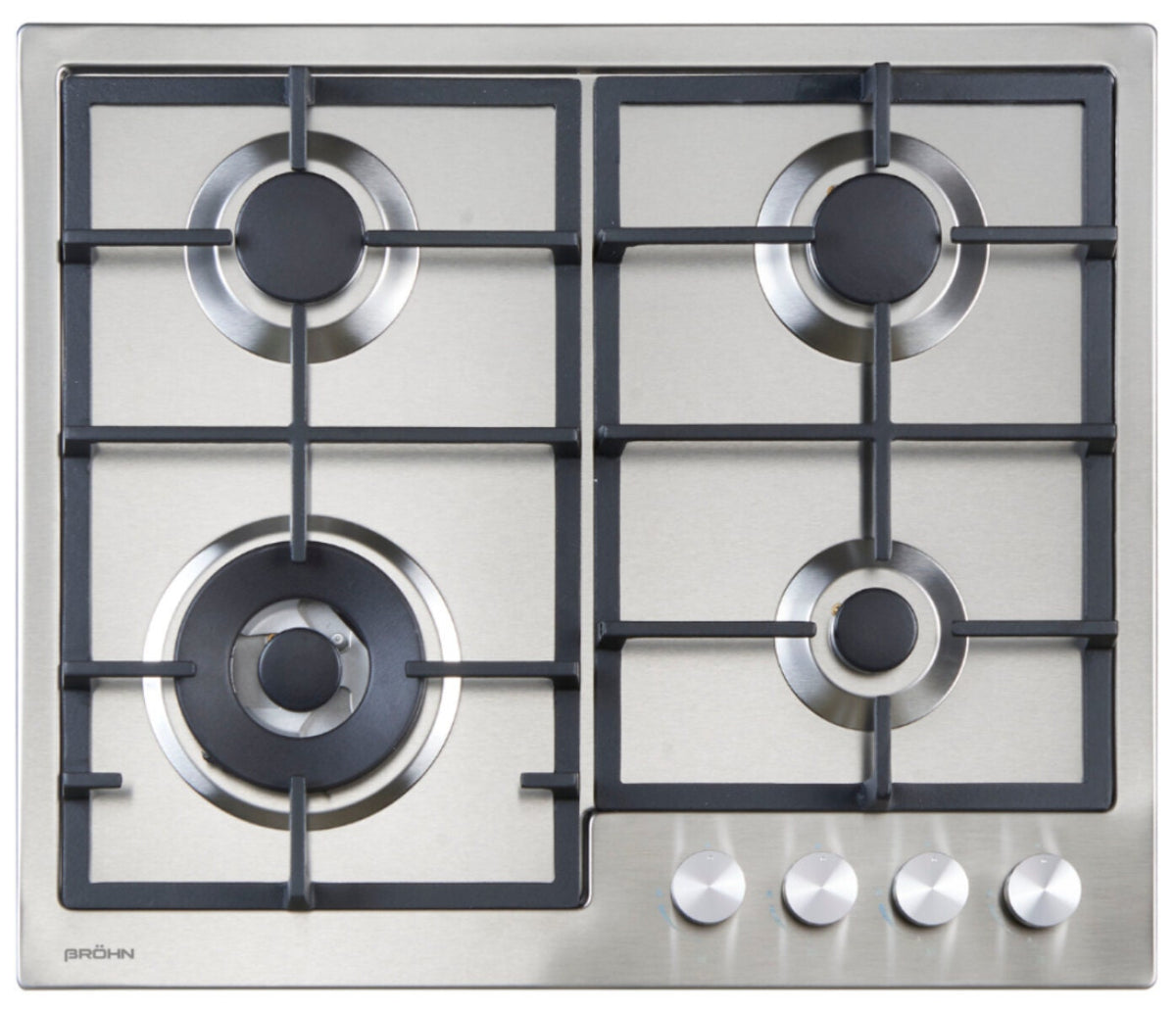 Brohn 60cm Stainless Steel Gas Cooktop - 4 Burners, Defendi Burners, Triple Crown Wok Burner - BRGC6001SS