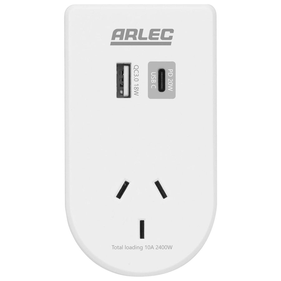 Arlec Power Adaptor with Integrated Phone Mount - Dual USB PD20W - Matt White - 55mm x 100mm x 70mm - SuperSaverAU - view 1