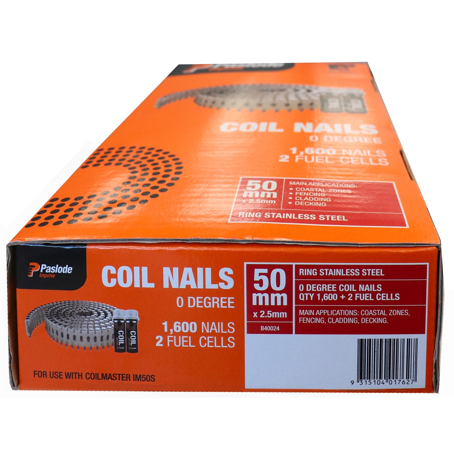 Paslode 50 x 2.5mm Impulse Stainless Steel Ring Shank Coil Nails 1600 Box Orange