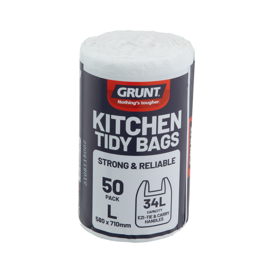 GRUNT 34L White Large Kitchen Tidy Bags, Pack of 50, with Handles
