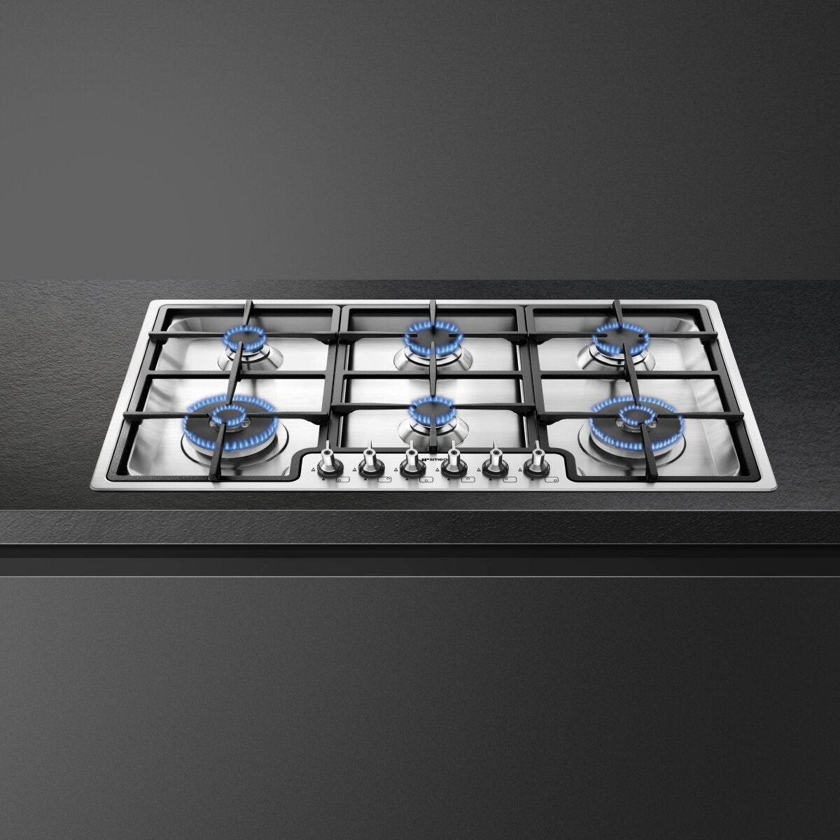 Smeg 90cm 6 Burner Gas Cooktop - Stainless Steel - Two 15MJ Wok Burners - Ultra Low Profile - PGA962