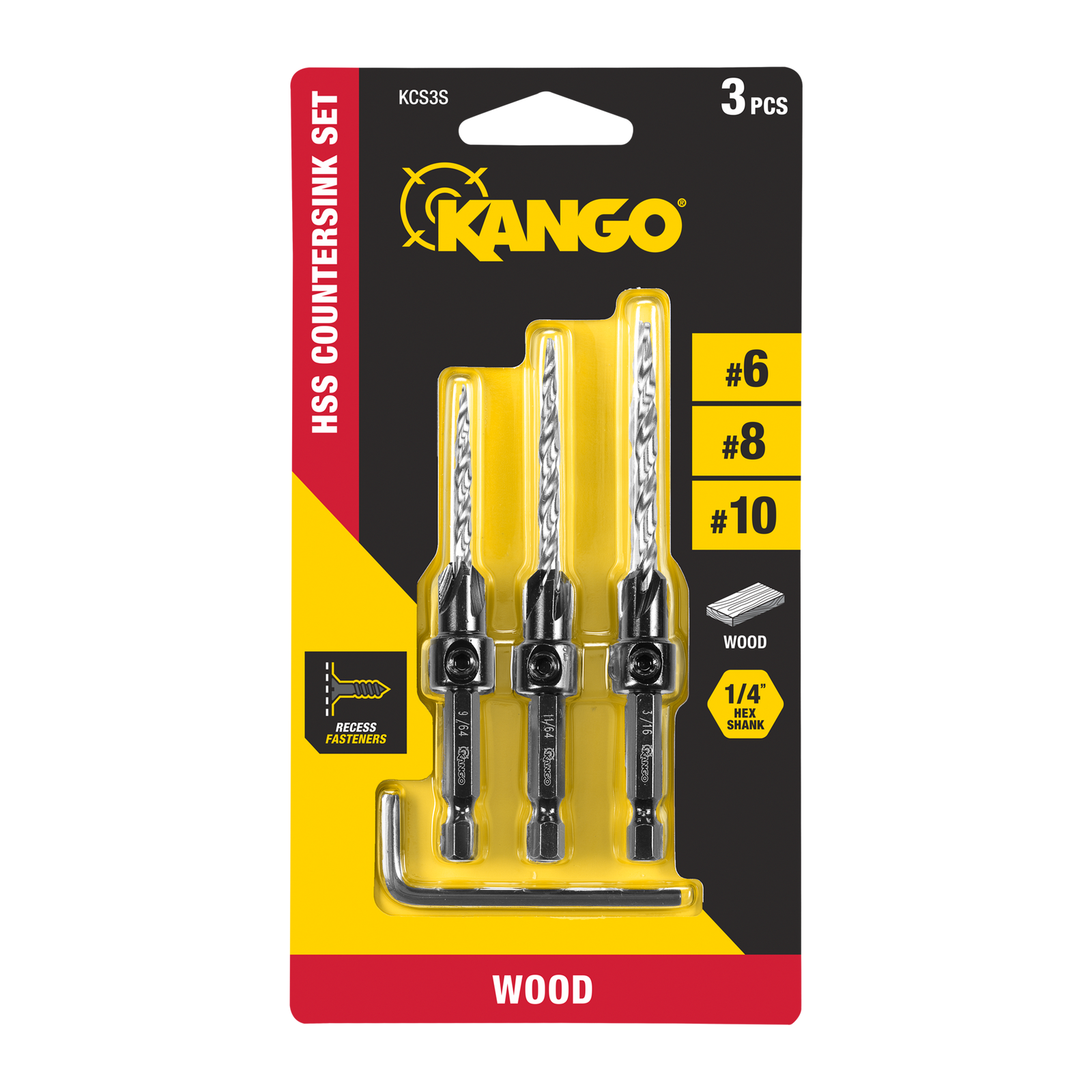 Kango 3-Piece Countersink Drill Bit Set - HSS for #6, #8, #10 Timber Screws