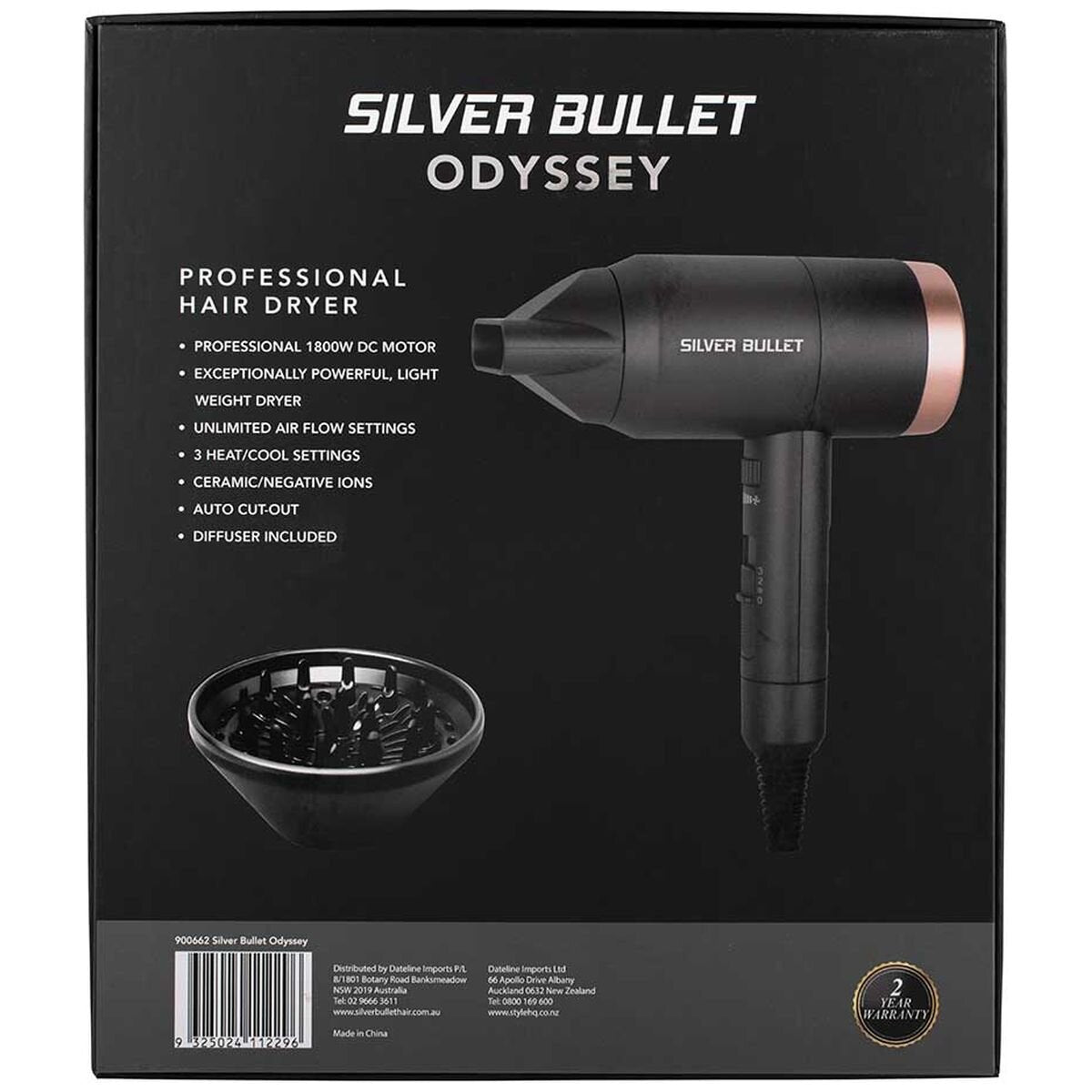 Silver Bullet Odyssey hair dryer 1800W - lightweight design, negative ions, diffuser - 900662