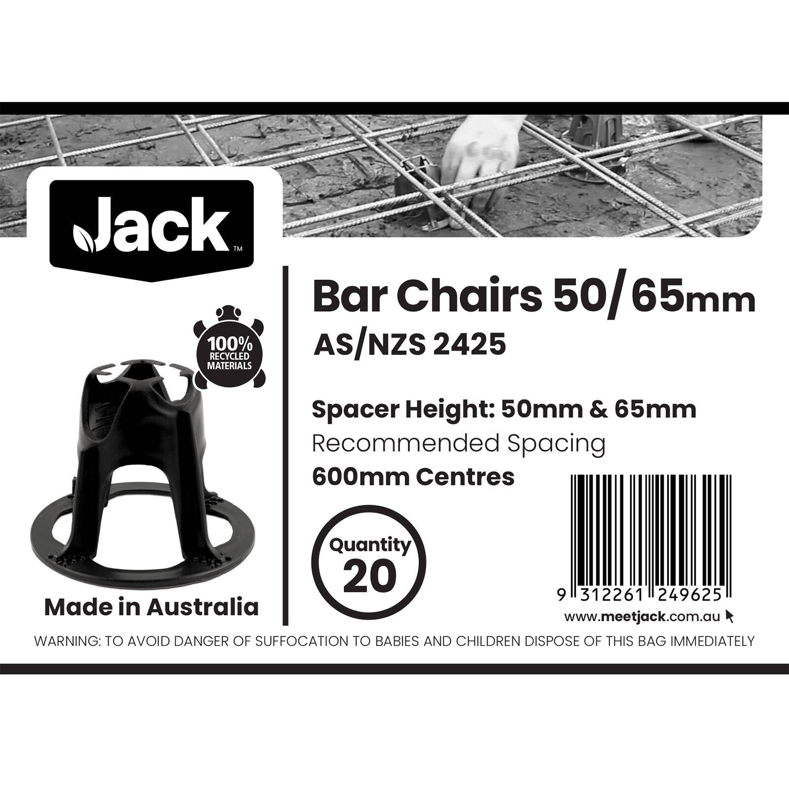 Jack 50-65mm Plastic Reinforcing Bar Chair - 20 Pack