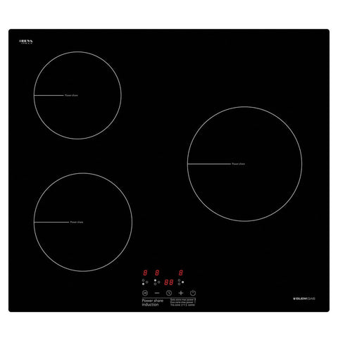 Glem Gas 60cm 3 zone induction cooktop - 10A plug, touch controls, individual timers - GLINDPS