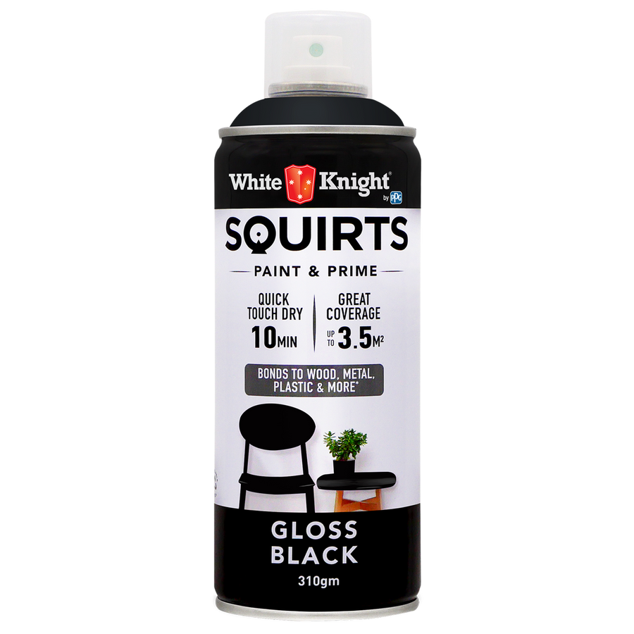 White Knight Squirts Black Gloss Spray Paint 310g Solvent Based Durable - SuperSaverAU - view 1