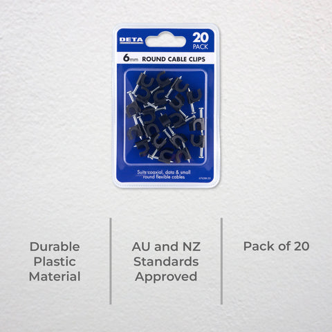 DETA 6mm Black Round Cable Clips - 20 Pack