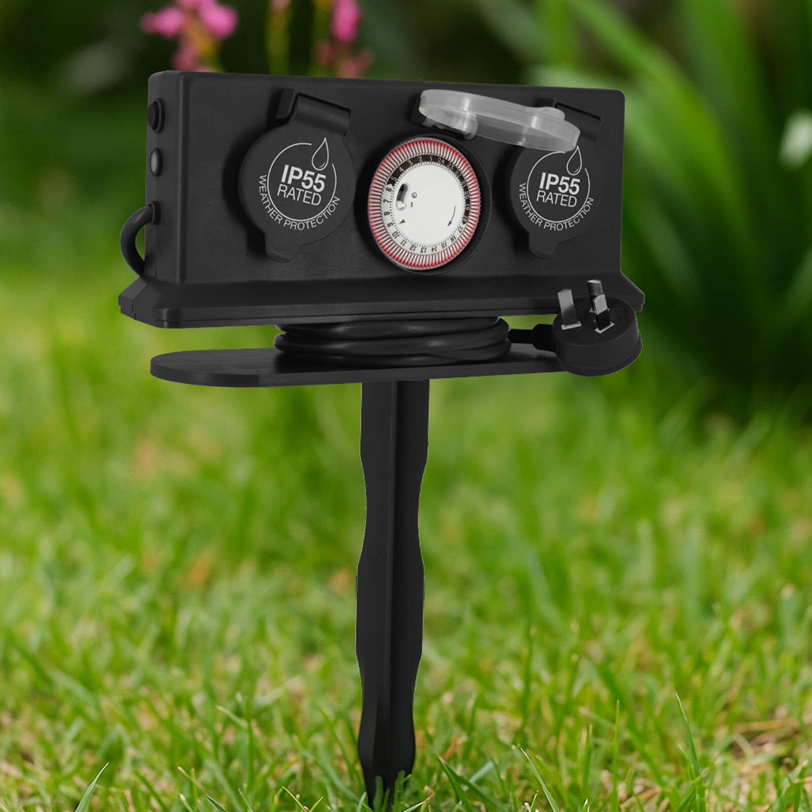 Arlec 4 Outlet Outdoor Powerboard with Timer and Removable Garden Stake, Dark Grey PB34BT-G