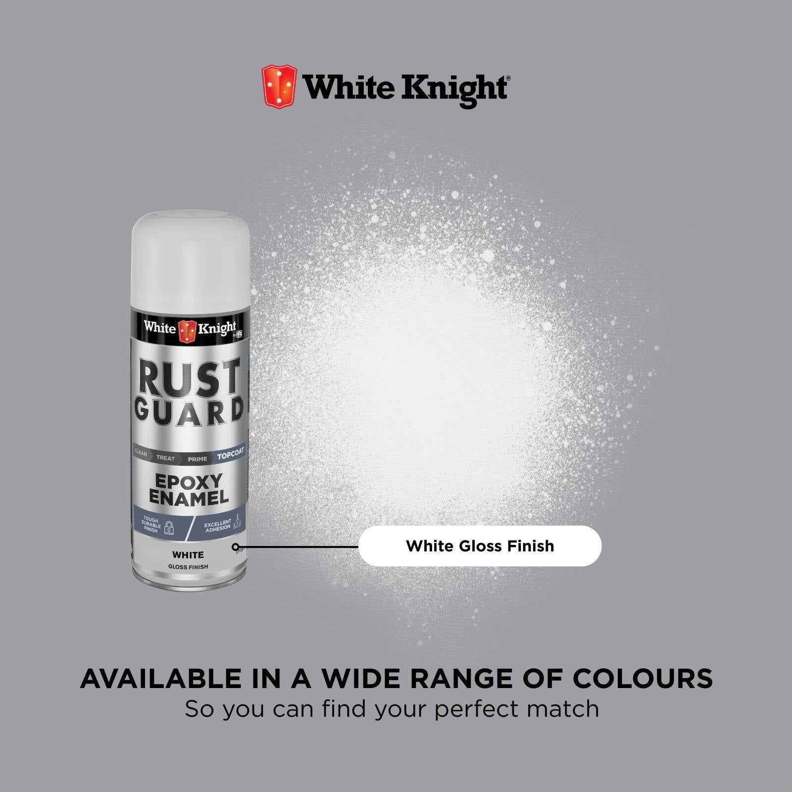 White Knight Rust Guard Epoxy Enamel Spray Paint 310g - White Gloss, Solvent Based Metal Finish
