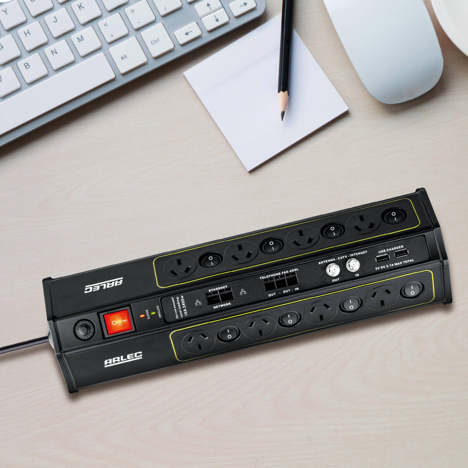 Arlec 8 Outlet Surge Protected Powerboard with USB, CAT6 and ADSL