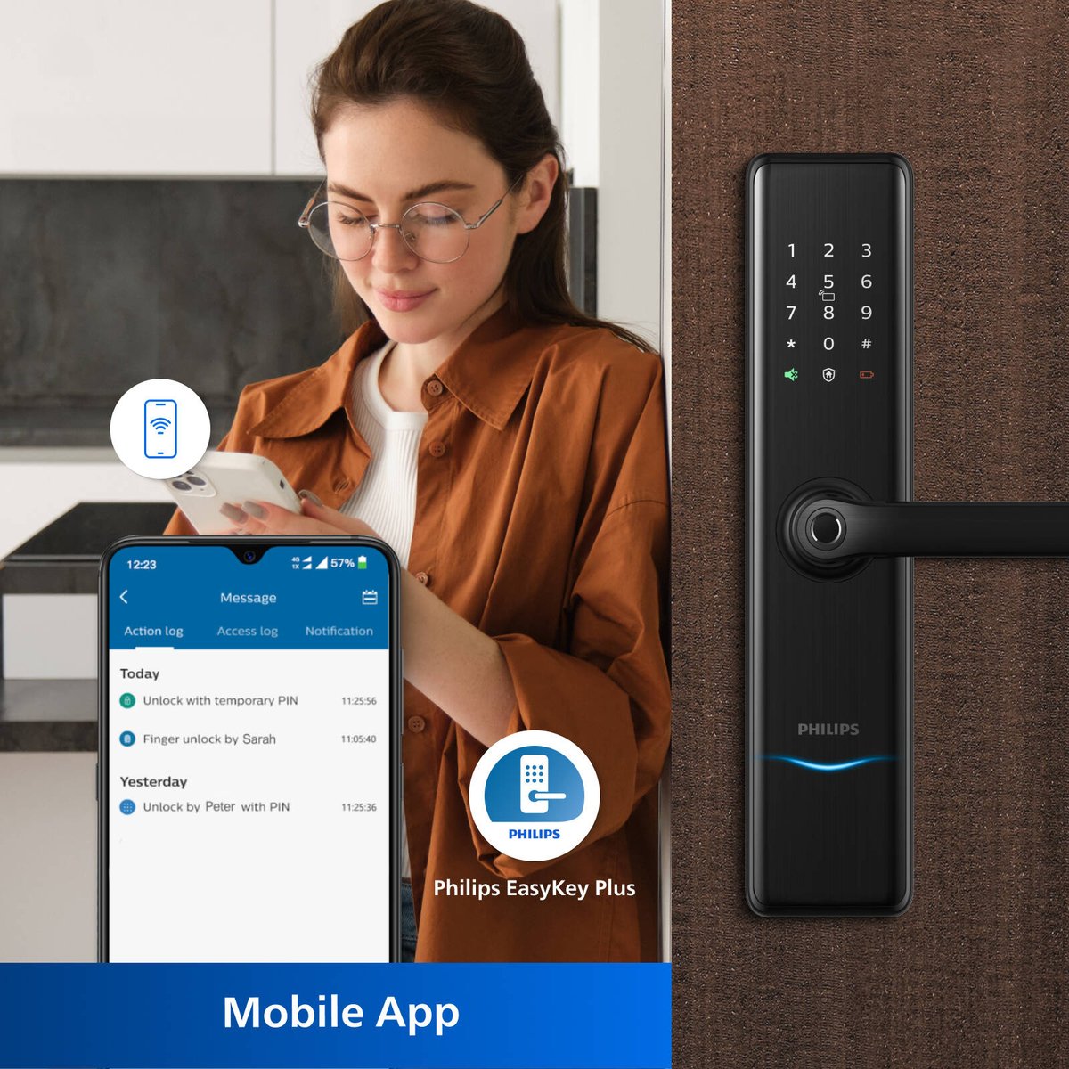 Philips Easykey Bluetooth Mortise Handle Lock - Black - Keyless Entry - 100 Fingerprints - 8 AA Batteries