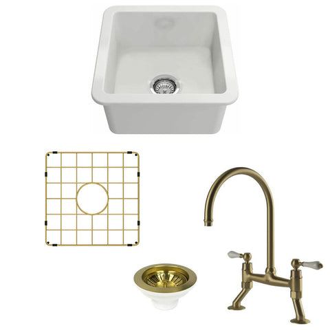 Turner Hastings Cuisine 46 Butler Sink Pack - Brushed Brass Ludlow Bridge Mixer Tap - Gloss White - PKG044