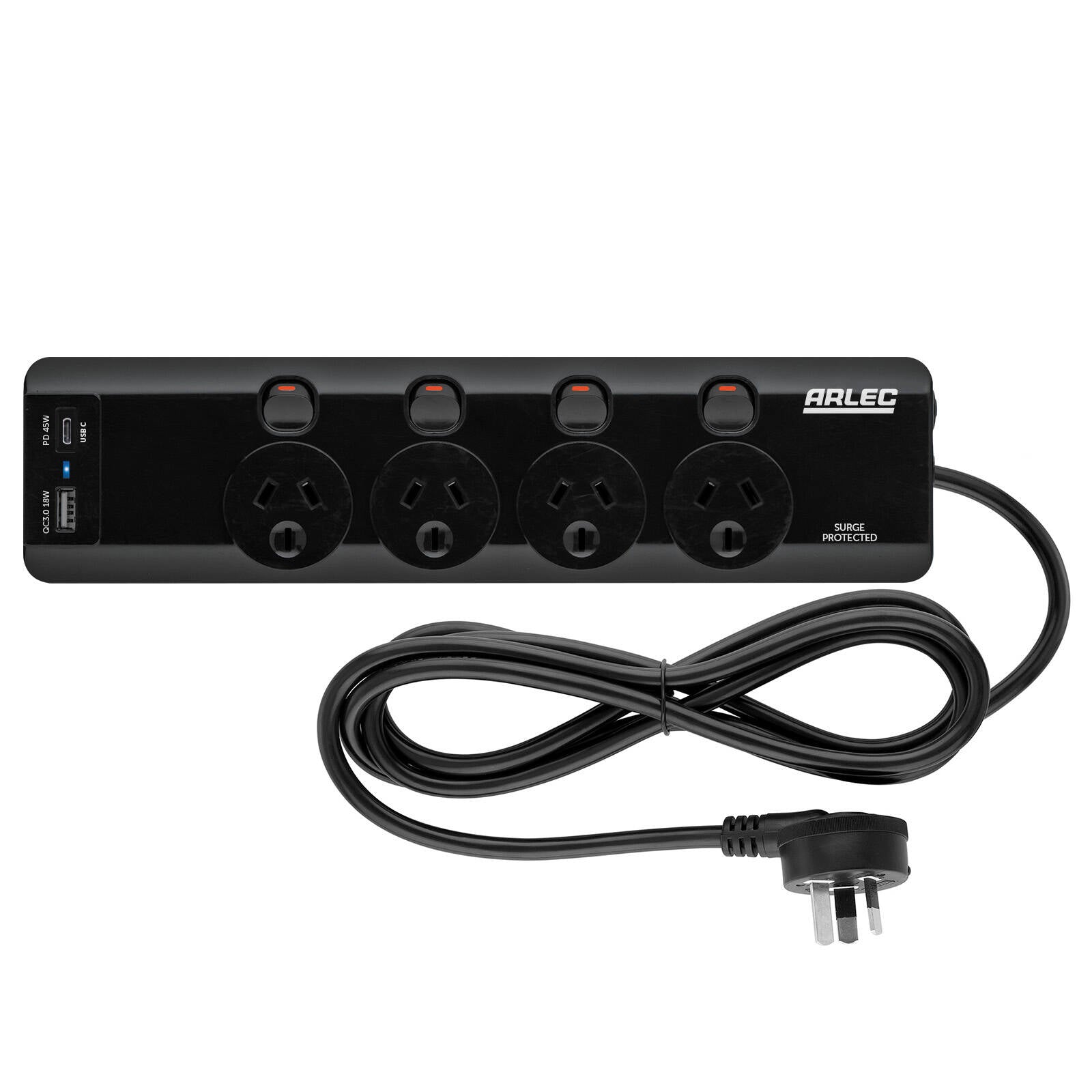 Arlec 4 Outlet Individually Switched Surge Powerboard with PD45W USB-A & USB-C PB46-BKU
