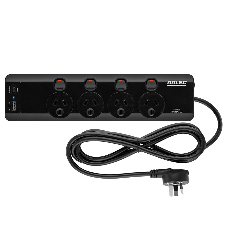 Arlec 4 Outlet Individually Switched Surge Powerboard with PD45W USB-A & USB-C PB46-BKU