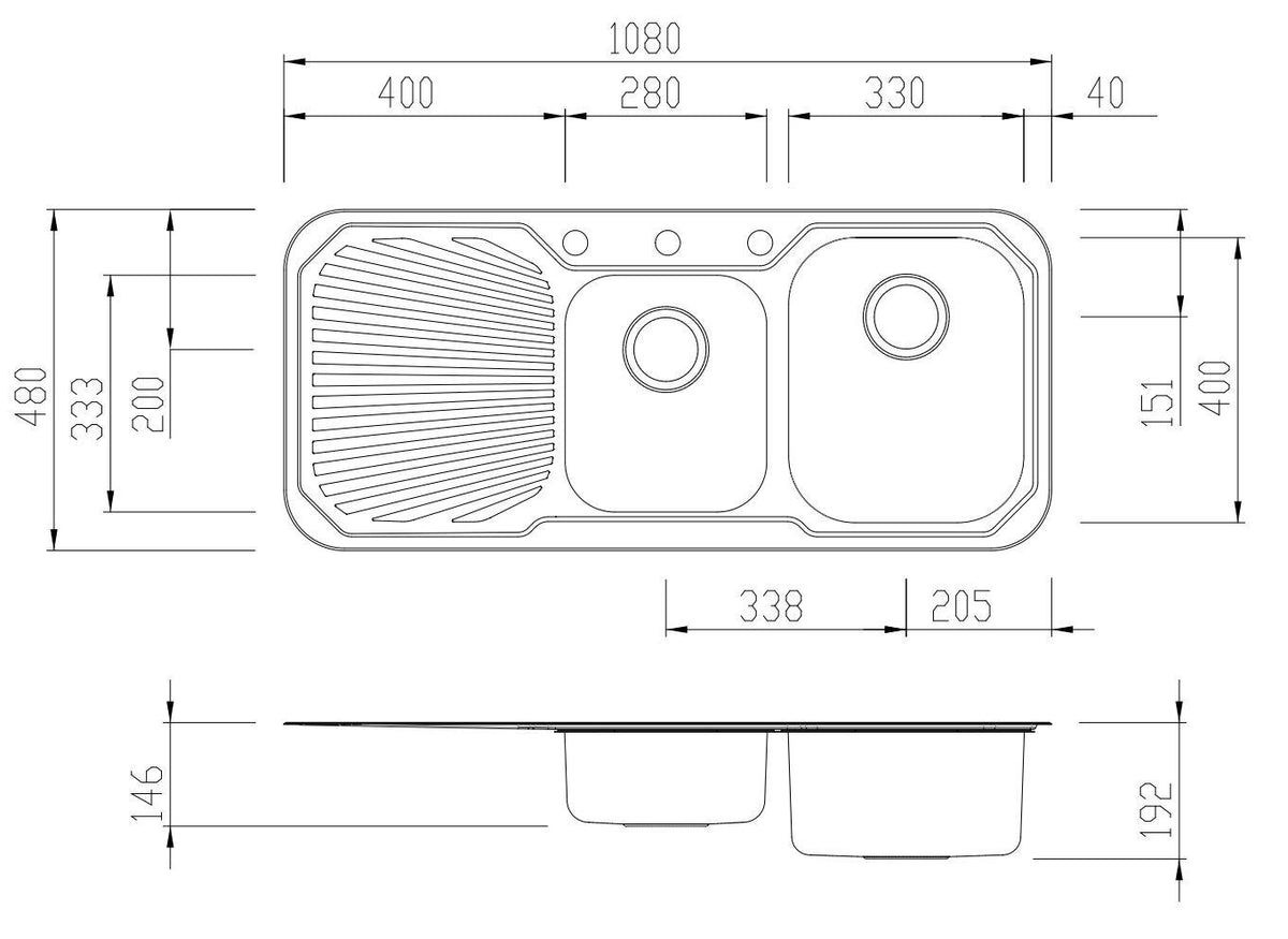 Oliveri Petite 1080mm 1 and 3/4 Bowl Topmount Sink - Left Hand Drainer, Australian Made - PE312