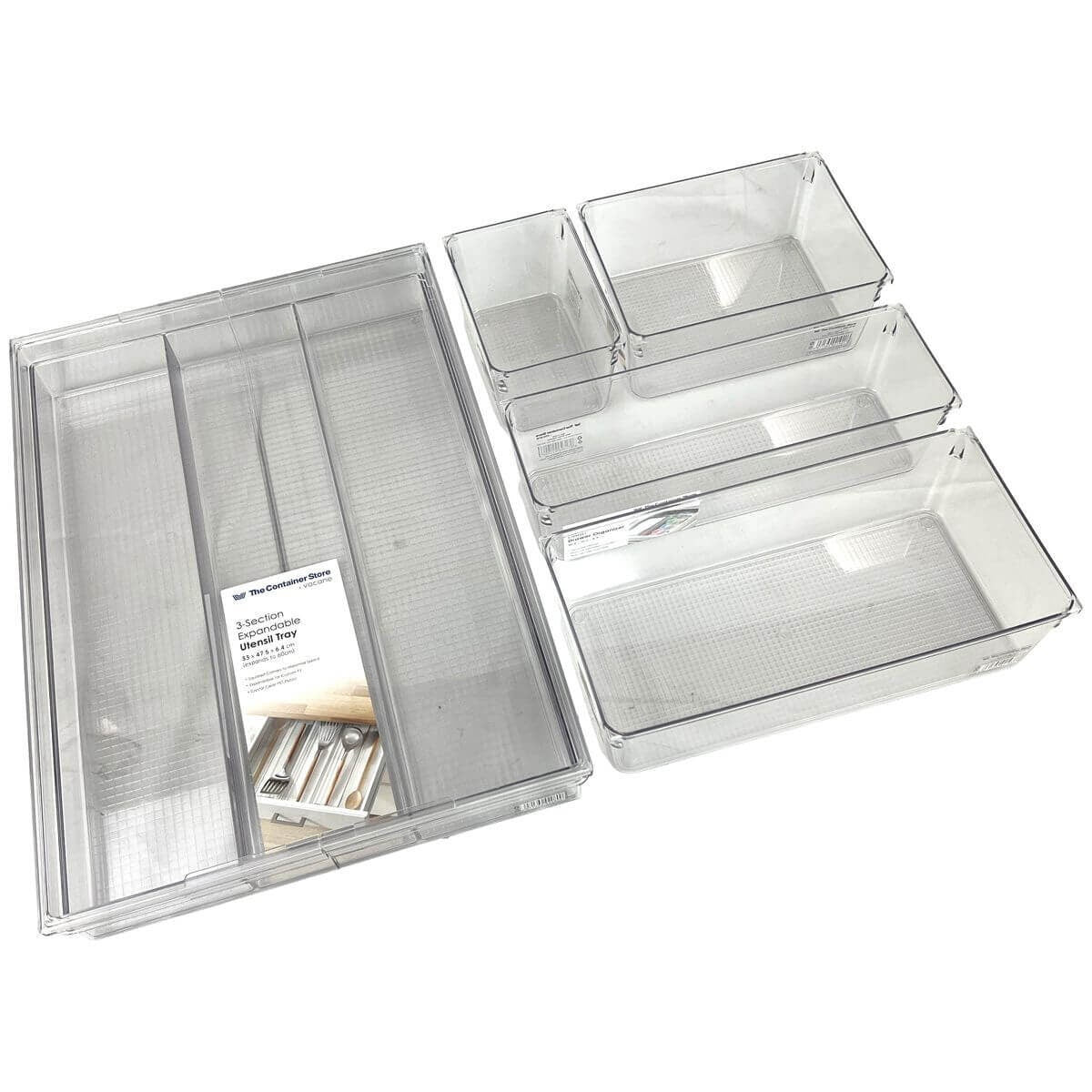 The Container Store 5 piece kitchen drawer pack 3 - Expandable utensil tray and deep organisers - VTCS-DRAW-P3