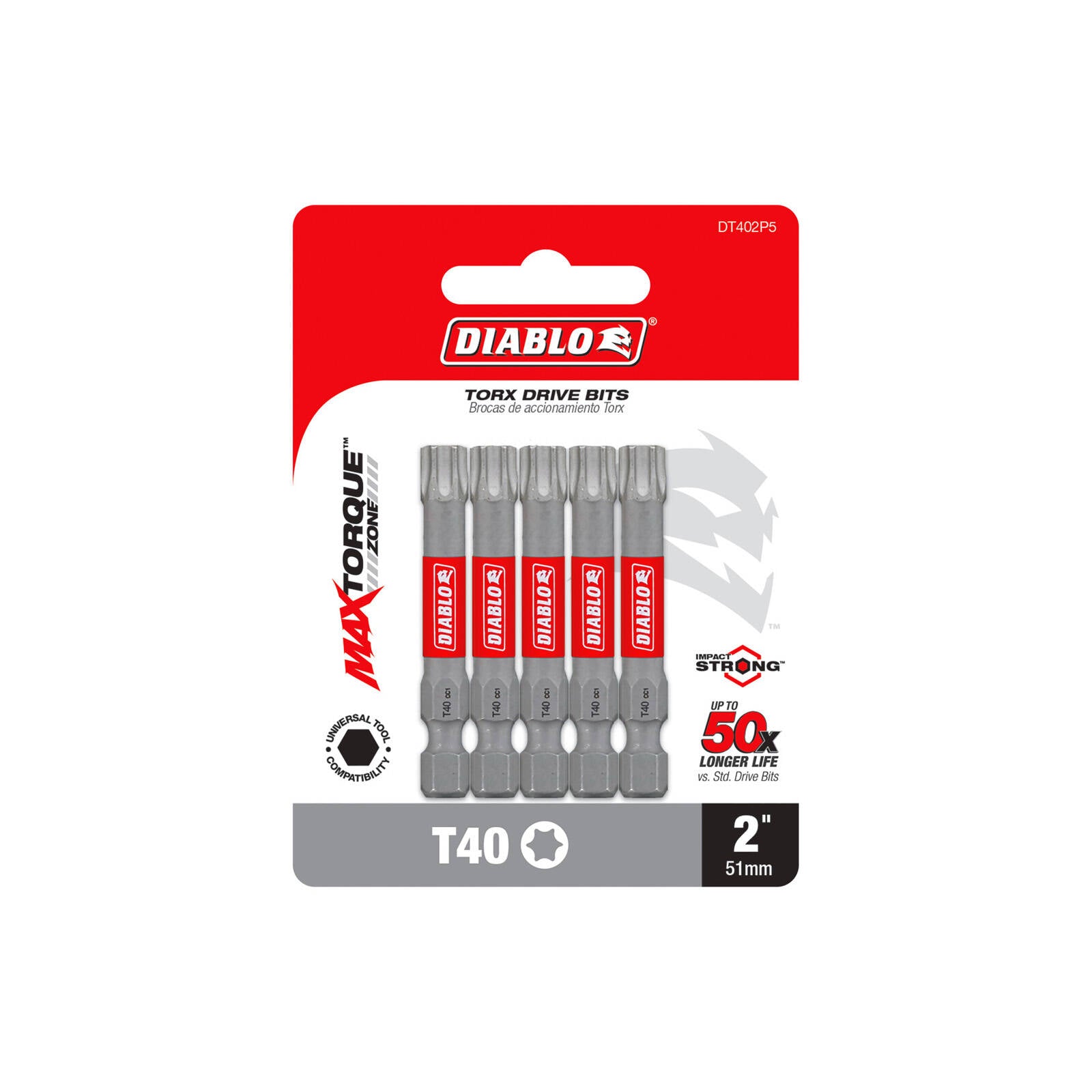 Diablo T40 Torx 2" Impact Power Drive Bits - 5 Pack