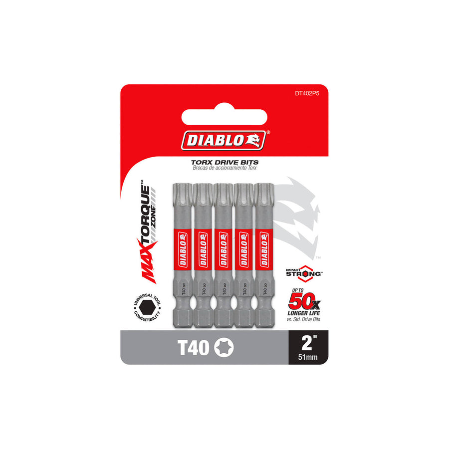 Diablo T40 Torx 2" Impact Power Drive Bits - 5 Pack