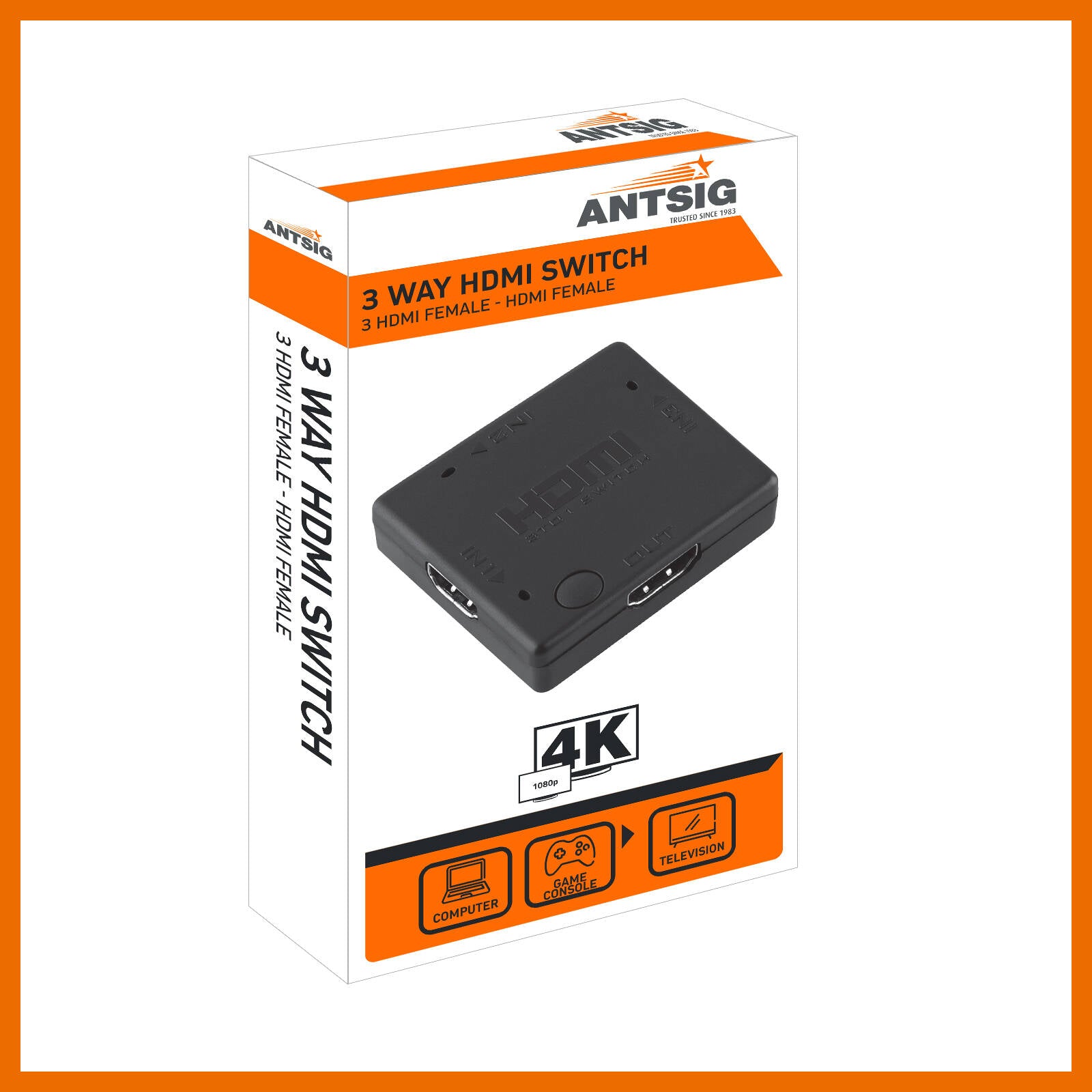 Antsig 4K HDMI 3 Way Switch Adaptor - 3 In 1 Out, Push Button, Black AP477