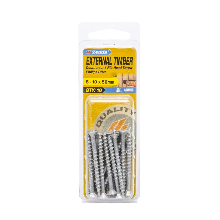 Zenith Timber Screws - 10mm x 50mm - Galvanised - Countersunk Rib Head - 18 Pack - SuperSaverAU - view 1