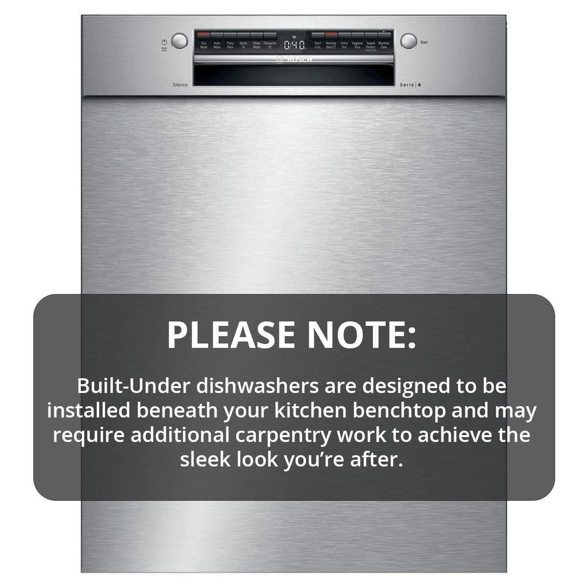 Bosch 60cm Series 4 Built Under Dishwasher - 14 Place Settings, Stainless Steel, Home Connect - SMU4HTS01A