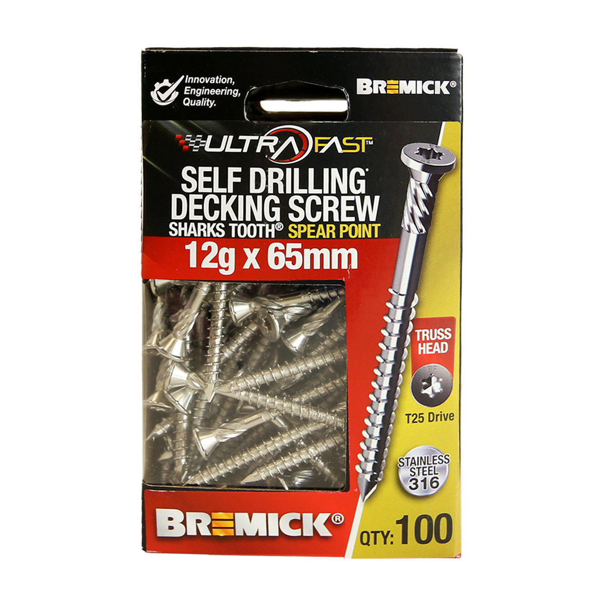 Bremick Ultrafast Stainless Steel 316 T25 Truss Head Screws 100 Pack - 12g x 65mm - Quick Installation - SuperSaverAU - view 2