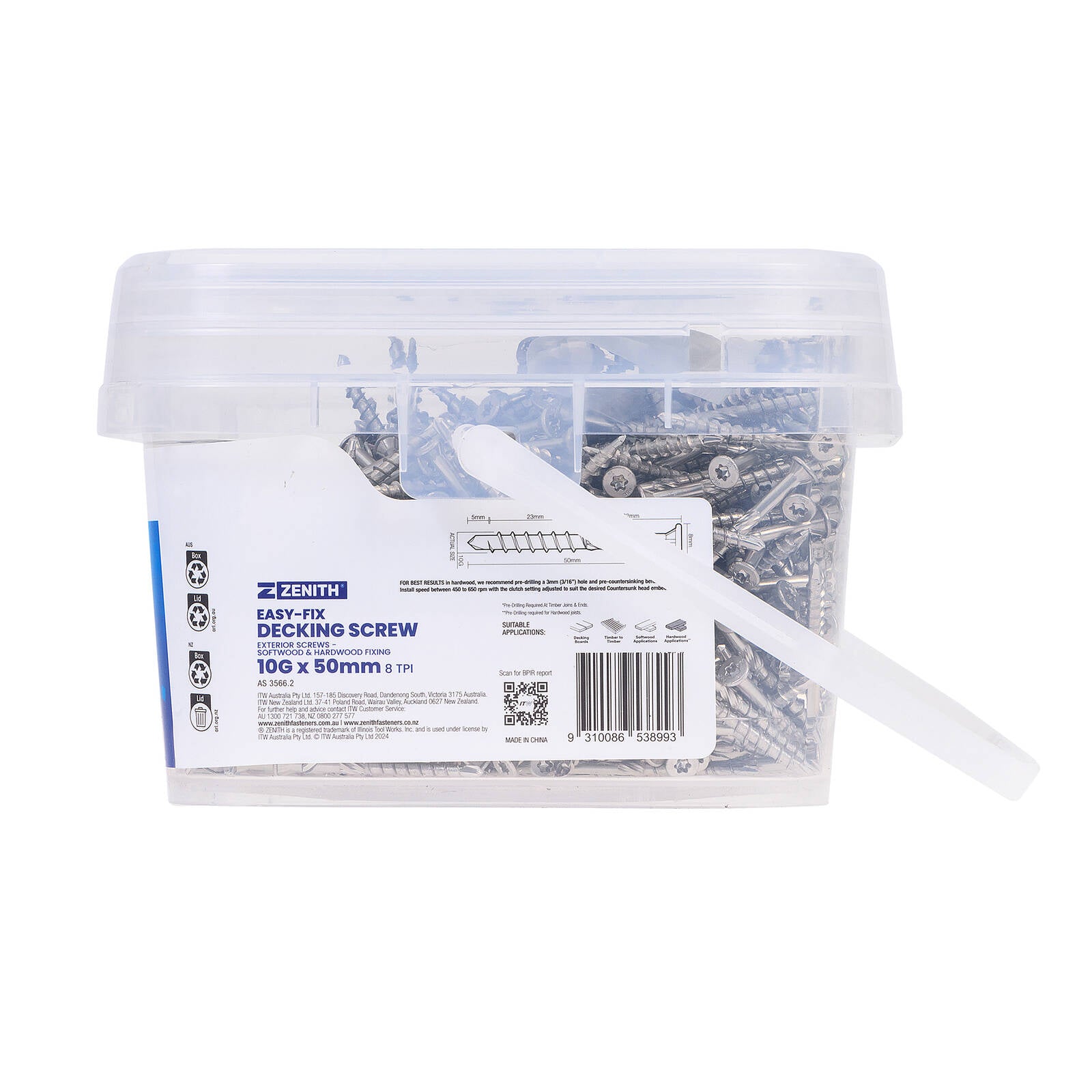Zenith Easy-Fix Decking Screw T20 10G x 50mm SS304 Stainless, 1000 Pack