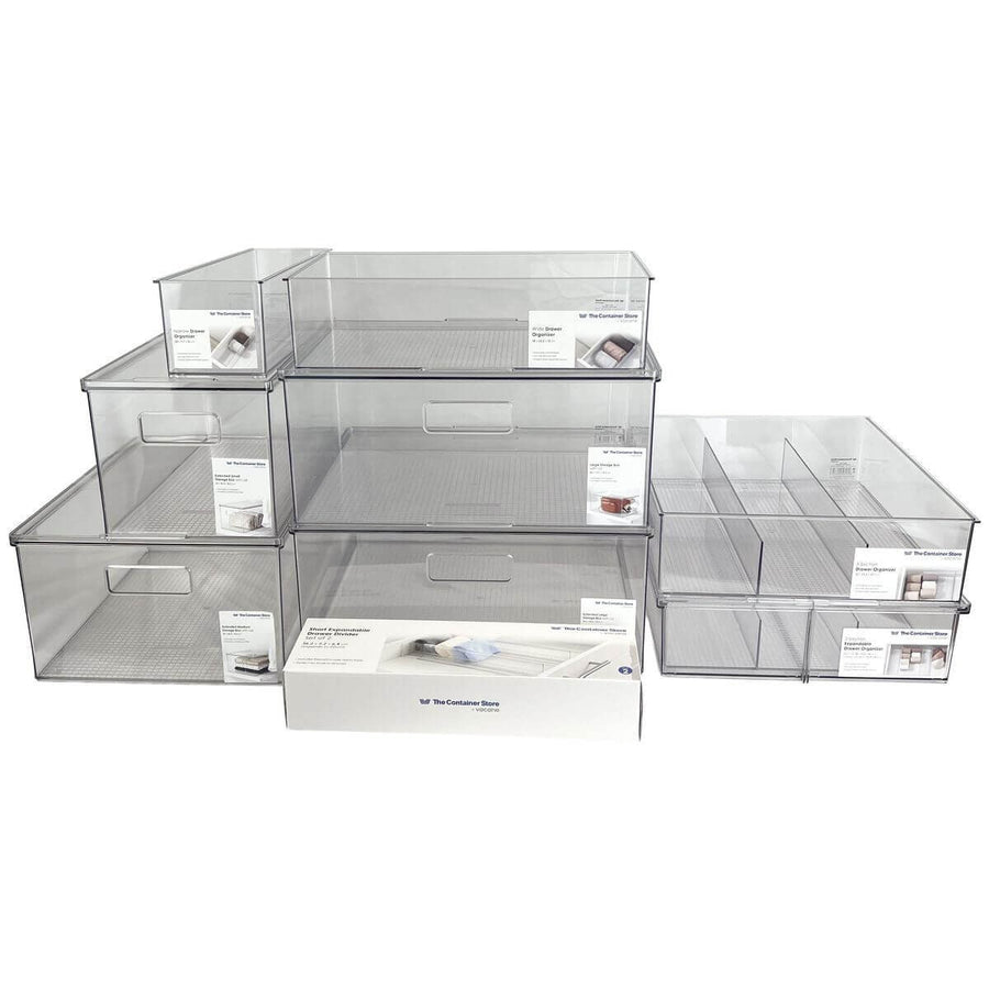 The Container Store 9 piece closet pack - clear PET, lidded and open storage - VTCS-CLOSET-P1