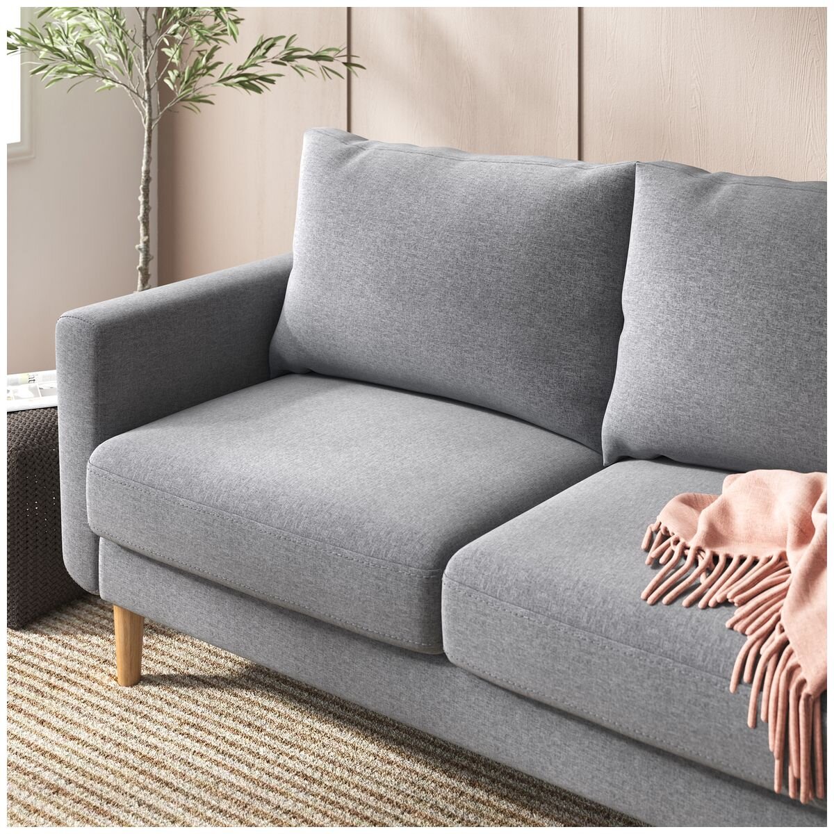 Zinus York 2 seater fabric sofa - grey, pine wood frame, rubber wood legs - AU-USSTD2ZC-59G