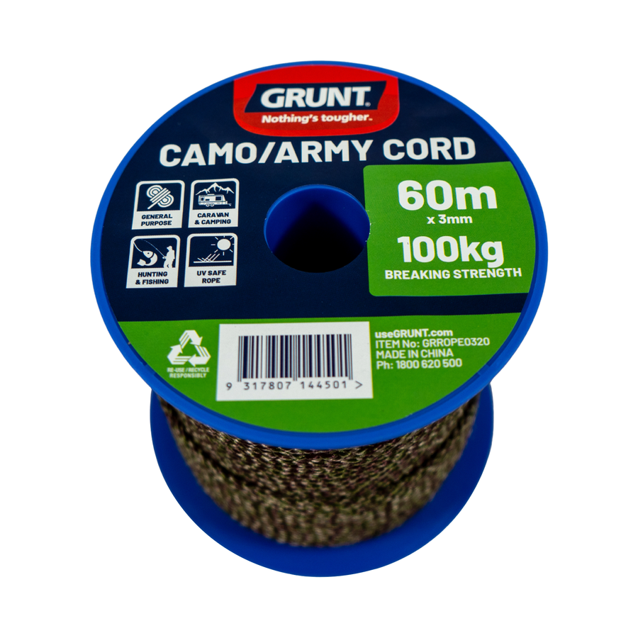 Grunt 3mm x 60m Camo Army Cord, Camouflage Polypropylene Multi-Filament, 100kg Break Strength