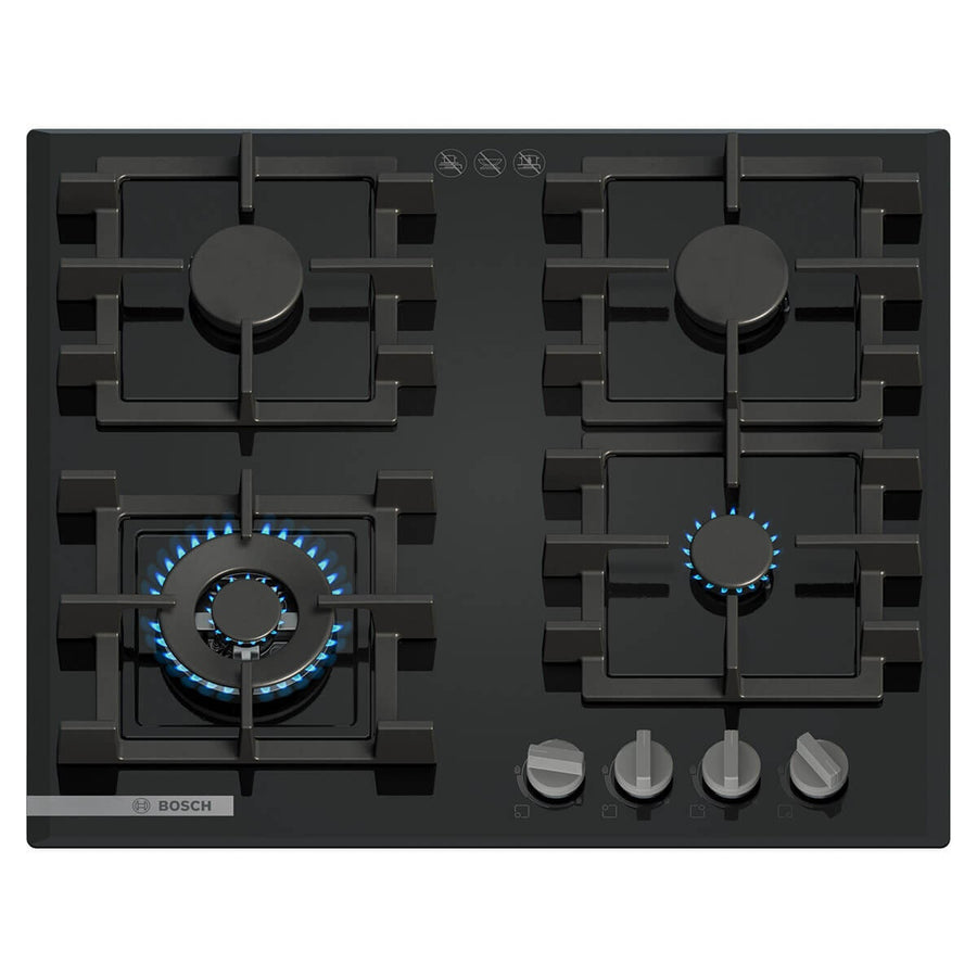 Bosch 60cm Series 4 Black Glass Gas Cooktop - Four Burners, Wok Burner, Frameless Design - PNK6B6K40A