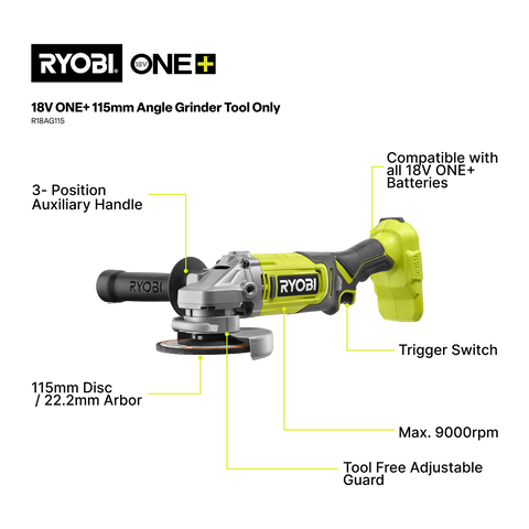 Ryobi 18V ONE+ 115mm Angle Grinder 4.0Ah Kit R18AG14A