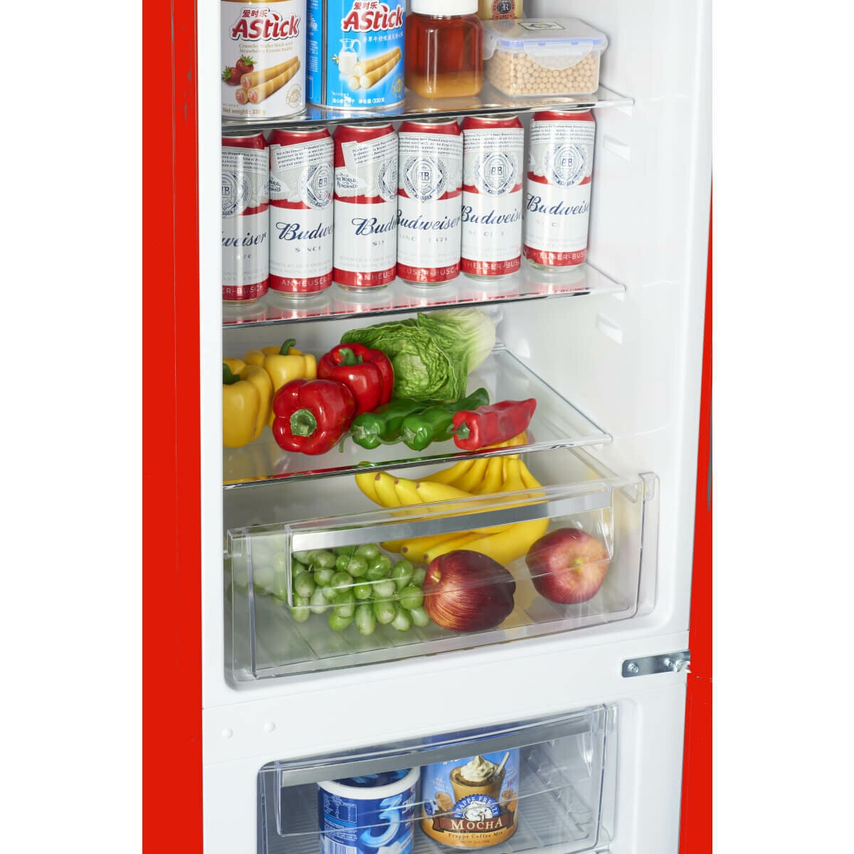 Linarie Annecy 242L Retro Bottom Mount Fridge - Red Cabinet and Door Panels, Manual Defrost - LKCO250RED