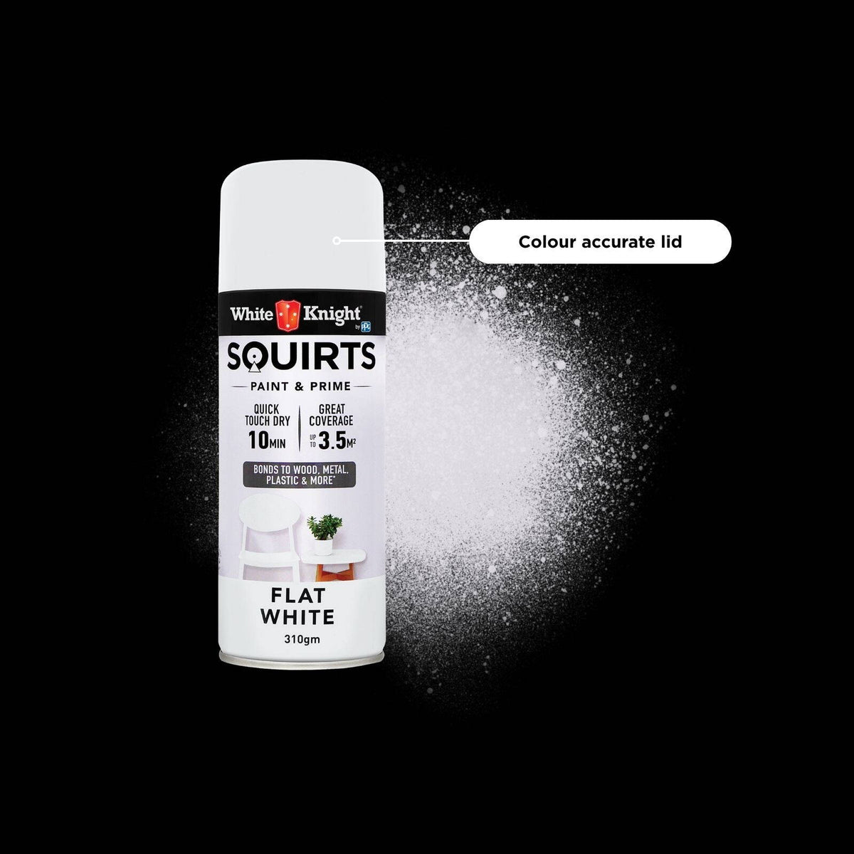 White Knight Squirts White Flat Spray Paint 310g - Solvent-Based Paint & Primer, Waterproof