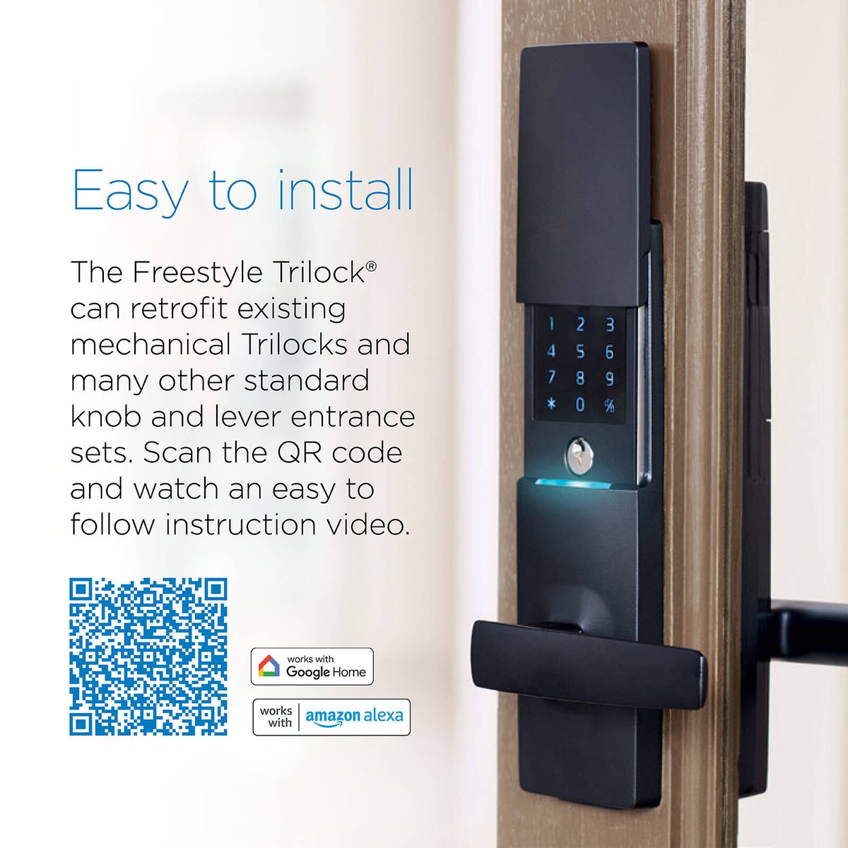 Gainsborough Freestyle Wifi Smart Lock Trilock - Matte Black - 68mm x 238mm - Concealed Keypad - App Control