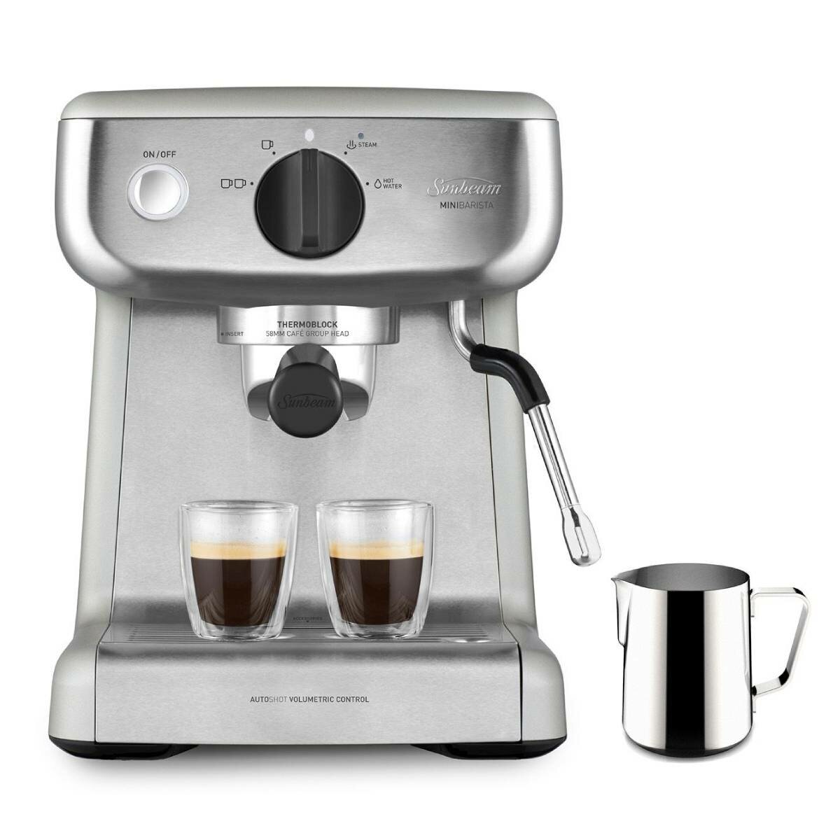 Sunbeam Mini Barista Espresso Coffee Machine - 15 Bar, 58mm Group Head, Steam Wand, Silver - EM4300S