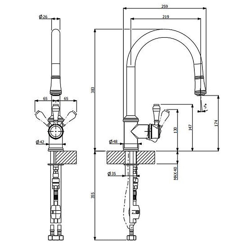 Abey Chambord Clotaire double bowl sink pack - white fireclay - chrome pull out tap - CLOTAIRE-2WT