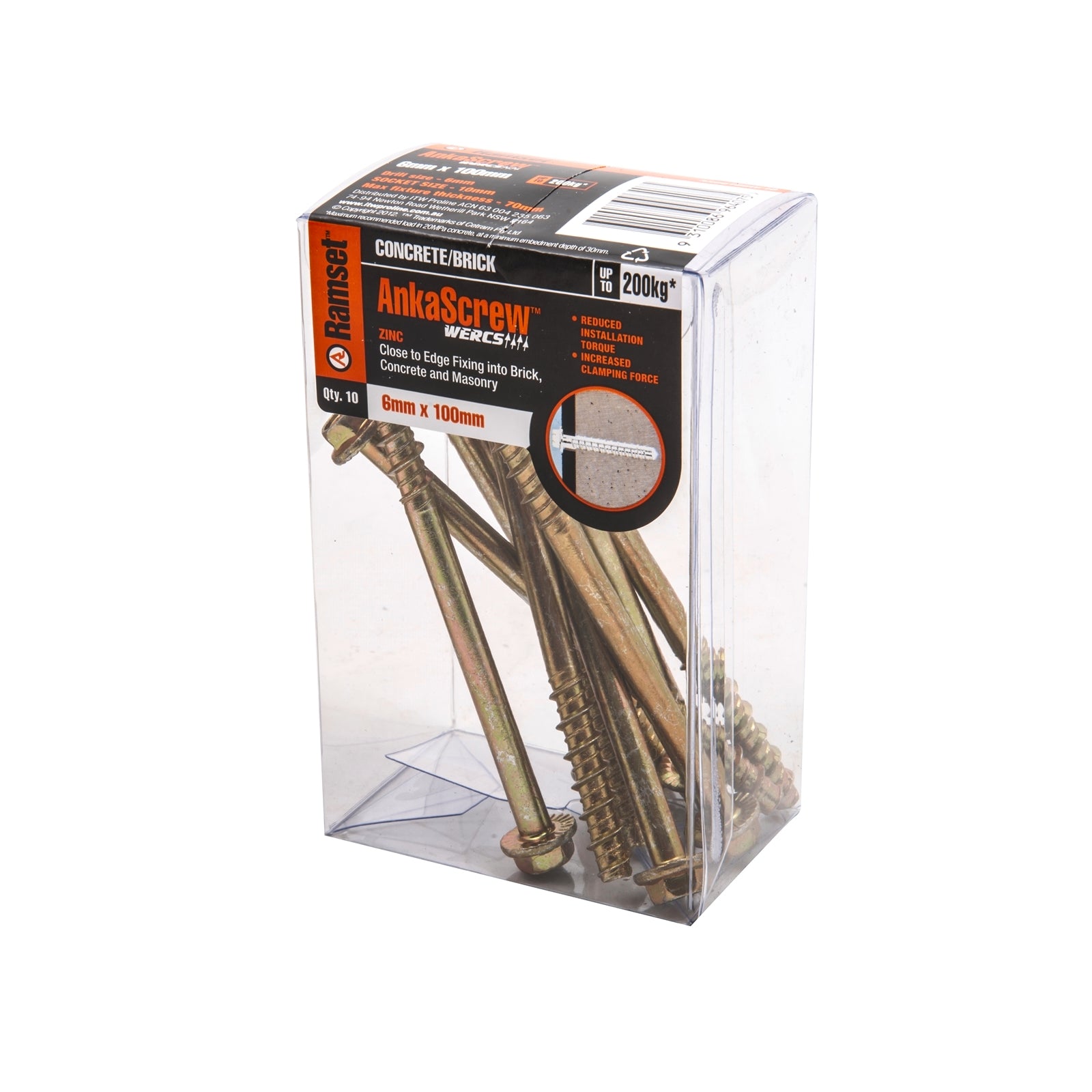 Ramset AnkaScrew 6 x 100mm Zinc-Plated Masonry Anchor - Flanged Hex Screw-In - 10 Pack