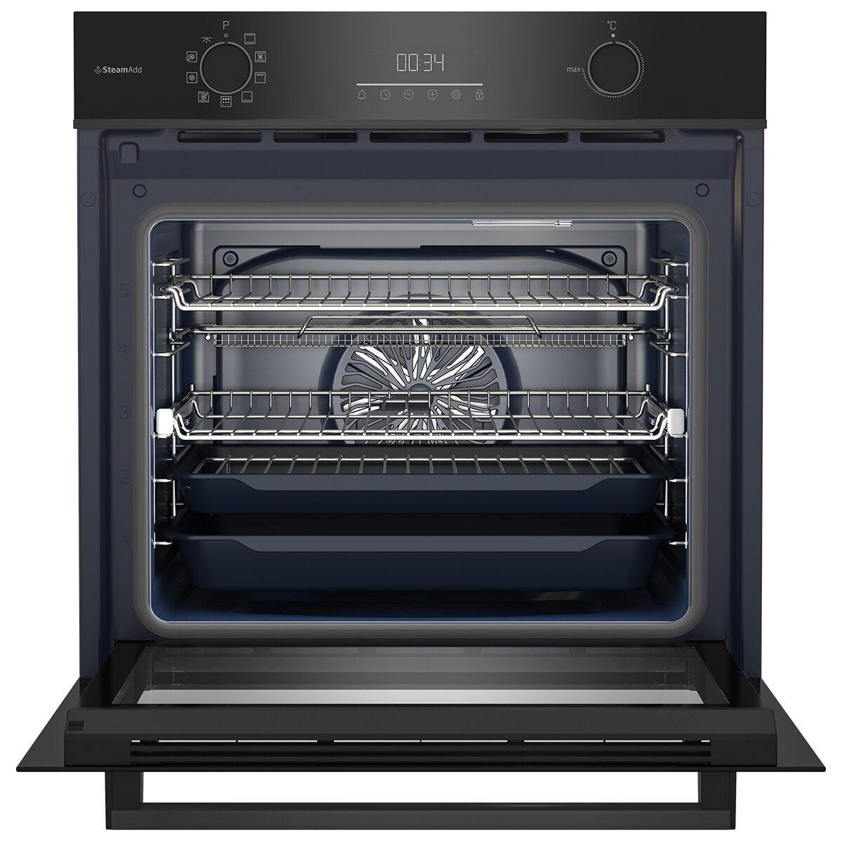 Beko 60cm Multifunction Built-In Oven - SteamAdd, Airfry, 8 Functions, Black Glass - BBO6851MDX