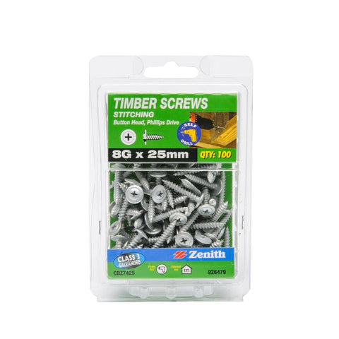 Zenith Timber Screws 8g x 25mm Galvanised Button Head 100 Pack - SuperSaverAU - view 1