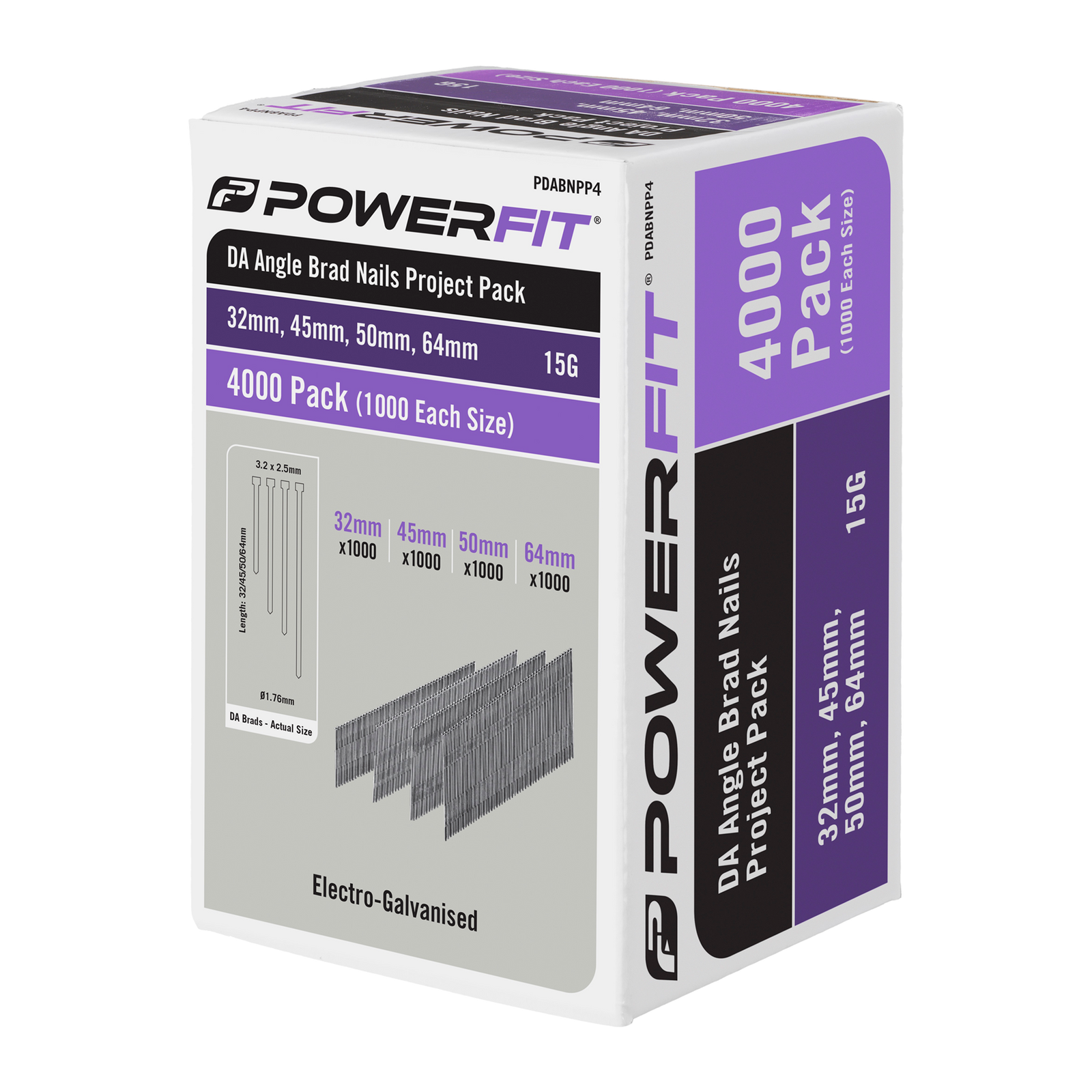 PowerFit Electro-Galvanised DA Angled Brad Nail Project Pack - 4000 Piece