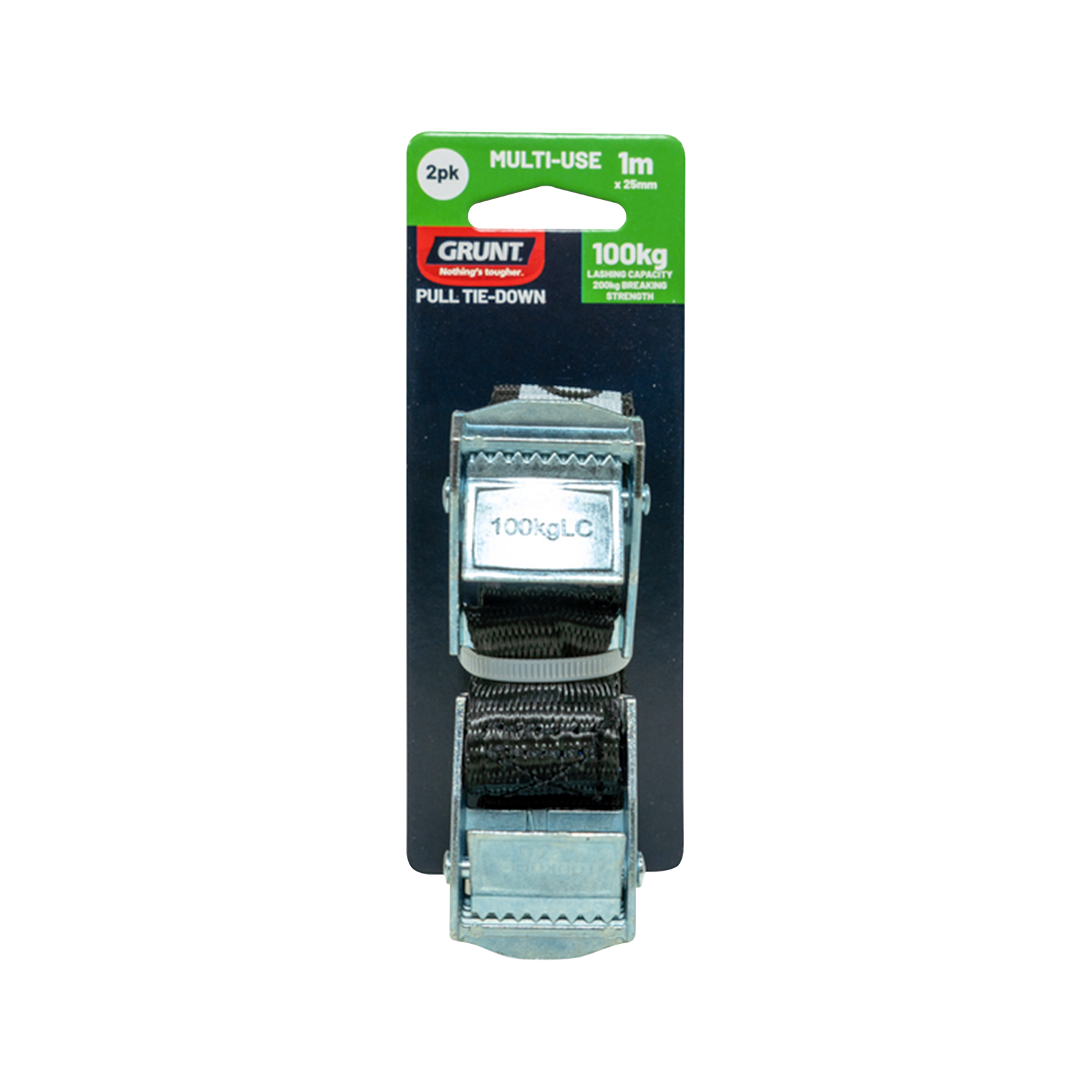 Grunt 25mm x 1m Pull Tie Down Strap, Black Polyester, 100kg Lashing Capacity, 2 Pack