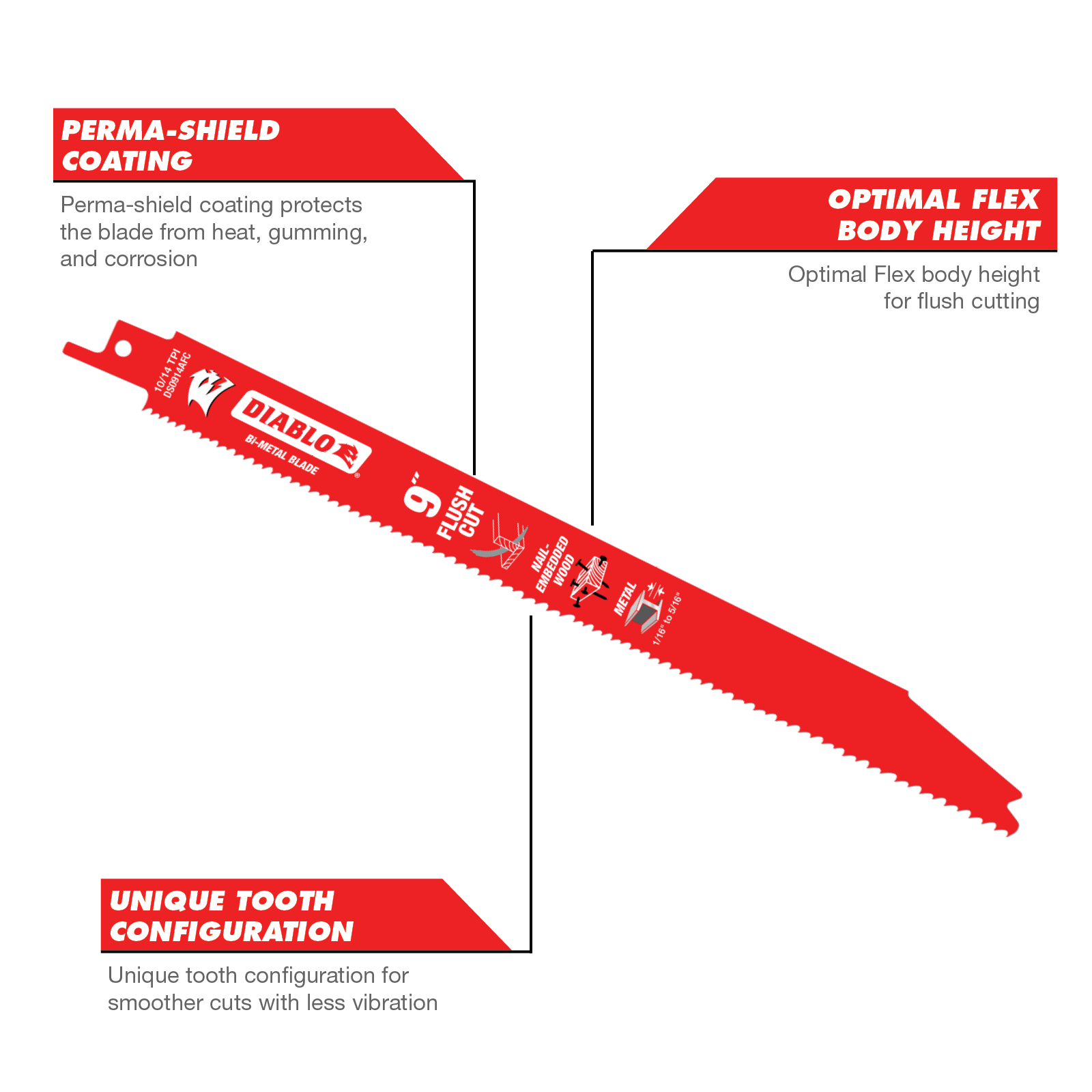 Diablo 9" Flush Cut Bi-Metal Reciprocating Saw Blades 5 Pack