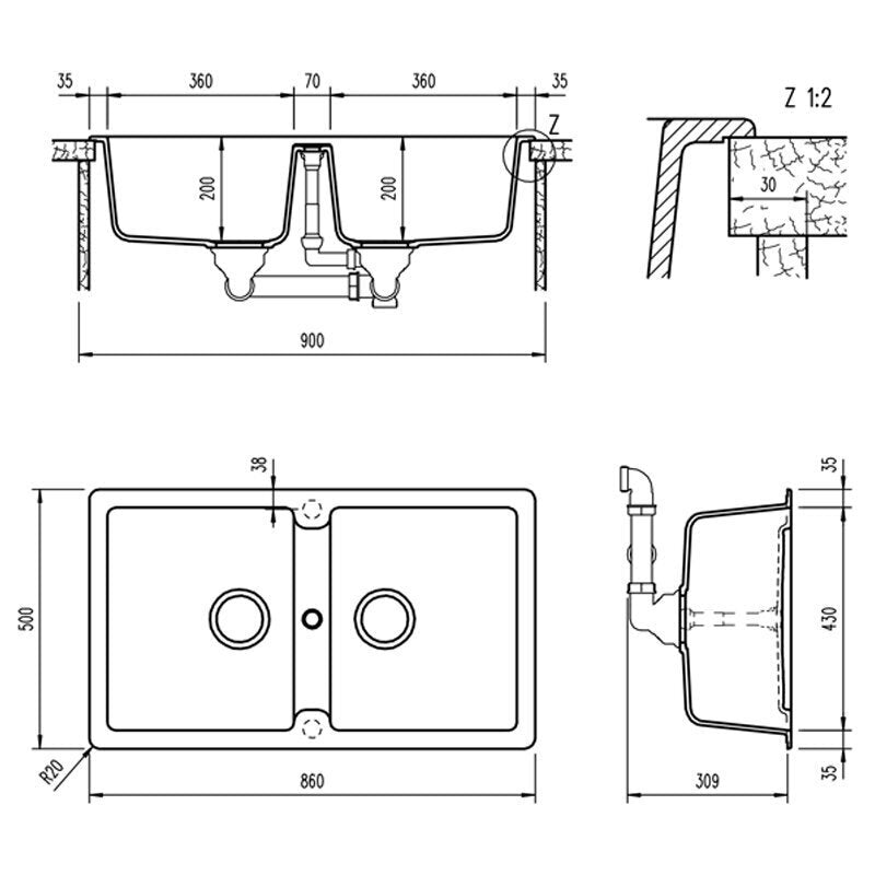 Abey Cristalite Plus double bowl sink pack with kitchen mixer - top or undermount - Concrete - TN200TC