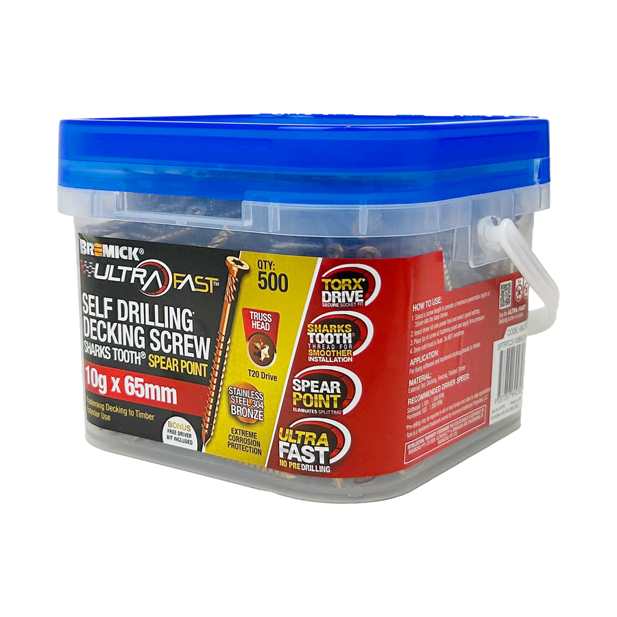 Bremick Ultrafast Decking Screws - 10g x 65mm - Stainless Steel 304 - 500 Pack - T20 Truss Head - Smooth Installation - SuperSaverAU - view 1
