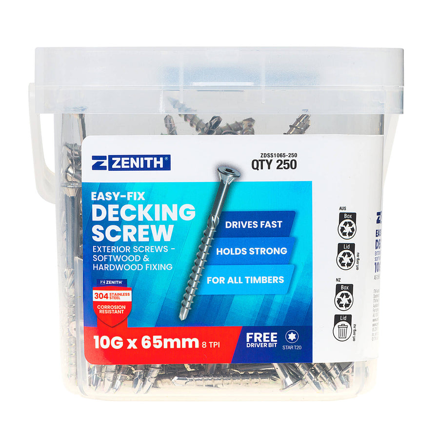 Zenith Easy-Fix Decking Screw T20 10G x 65mm SS304 Stainless, 250 Pack