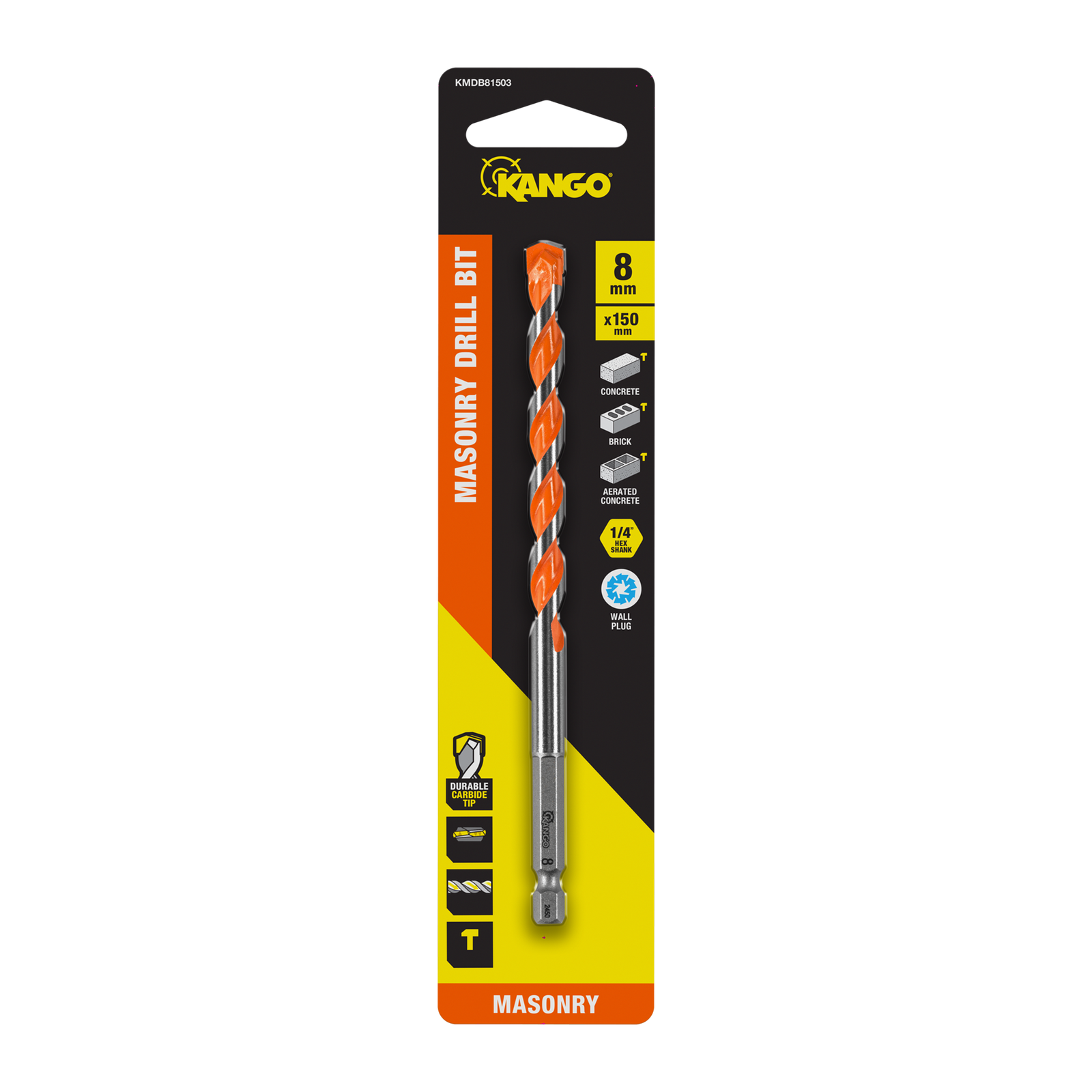 Kango 8 x 150mm 1/4" Hex Shank Masonry Drill Bit - Carbide Tip