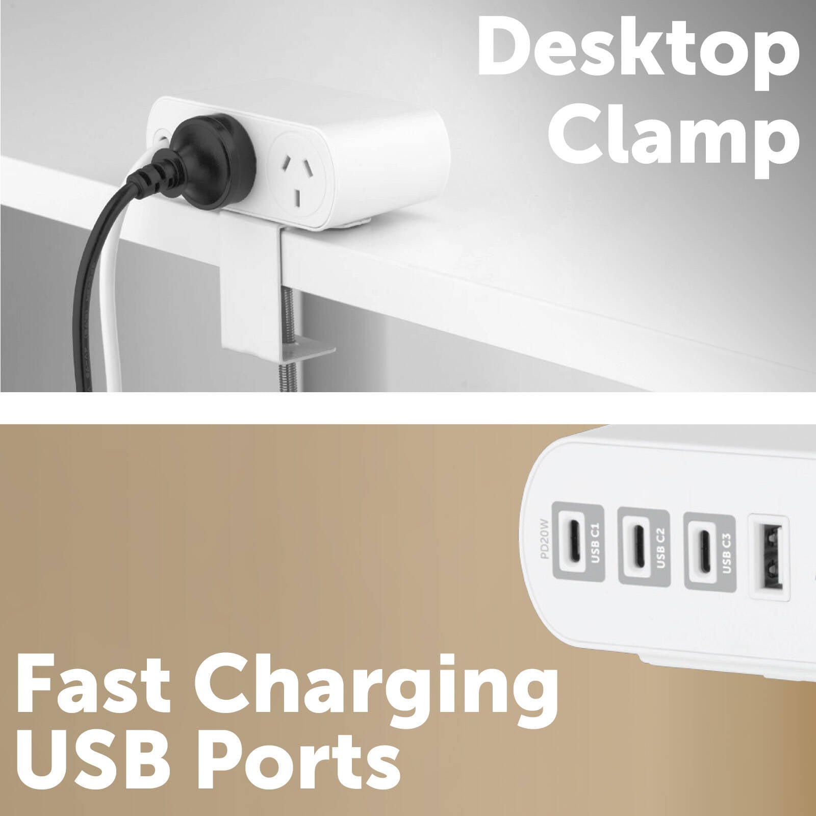 Arlec 2 Outlet Powerboard with Desktop Clamp PD20W USB-C 1.8m White