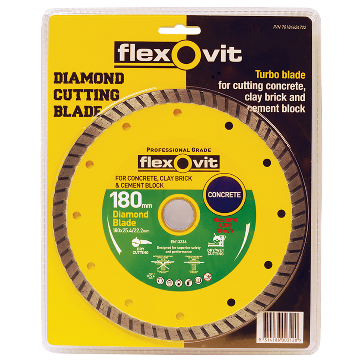 Flexovit Turbo Diamond Blade 180mm 2.6mm Fast Cutting Wet Dry Use - SuperSaverAU - view 1