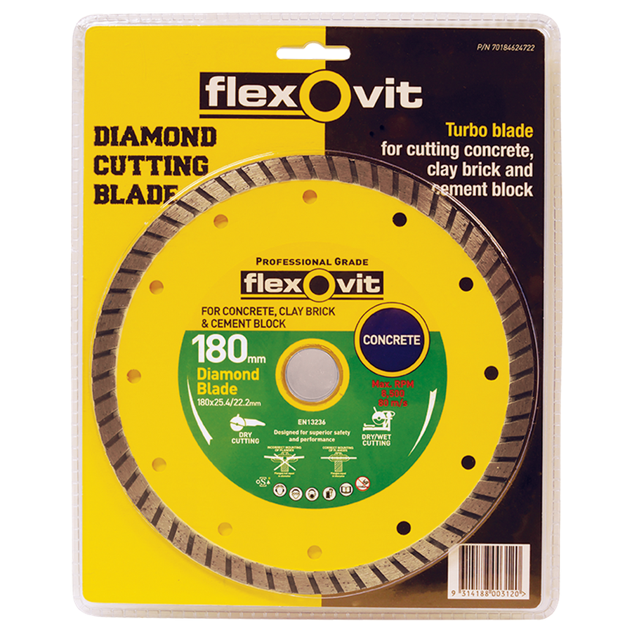 Flexovit Turbo Diamond Blade 180mm 2.6mm Fast Cutting Wet Dry Use - SuperSaverAU - view 1